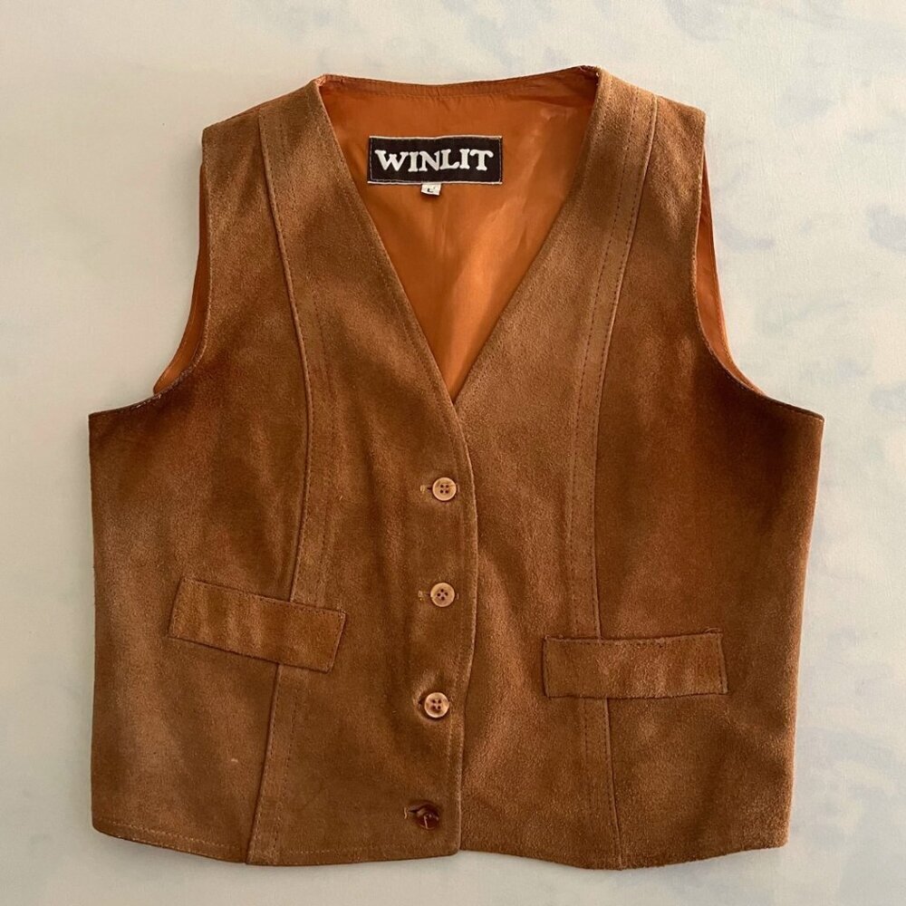 Winlit VTG Tan Camel Suede Leather Adjustable Waistcoat Vest